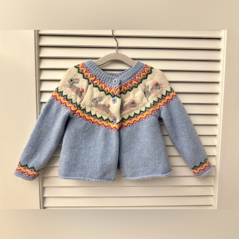 Baby Boden: Fair Isle Cardigan, Sky Blue Bunnies